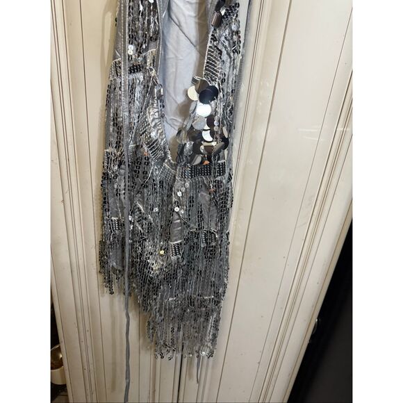Women's Embellished Sequin Open Back Halter Sleeveless Beyonce Dress Silver XS - Picture 2 of 9